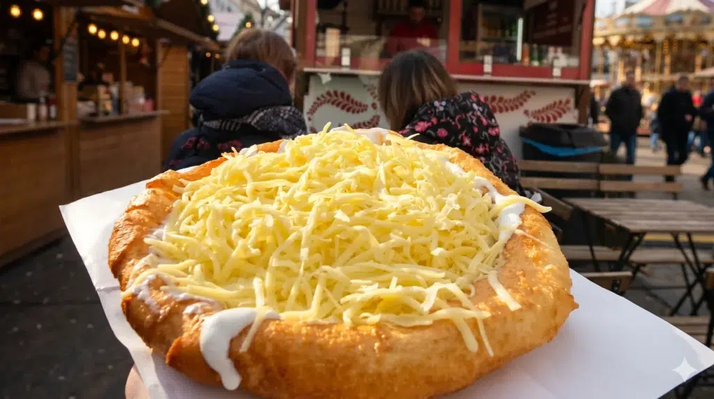 לאנגוש מאפה ב-Retro Lángos רטרו לאנגוש בודפשט , המאכל ההונגרי המסורתי במרכז העיר