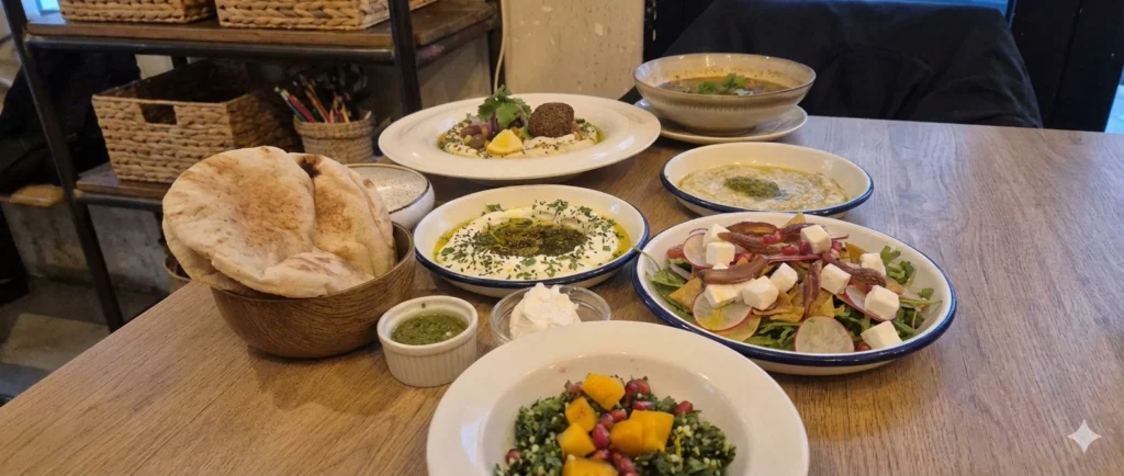 מנות ים-תיכוניות במסעדת דוברומבה בודפשט - כולל מרק חרירה